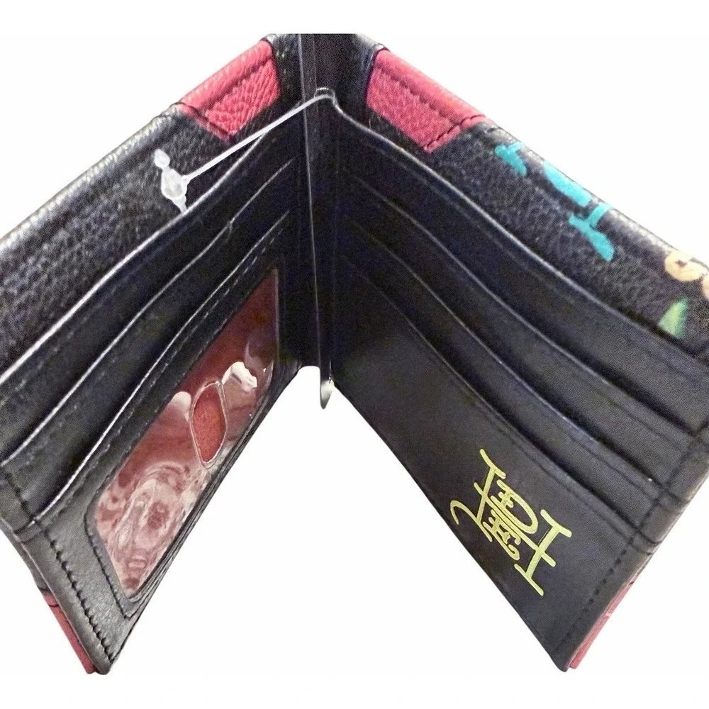 New Ed Hardy Men's Bifold Wallet Red Faux Leather Panther Dragon Heart Tattoo